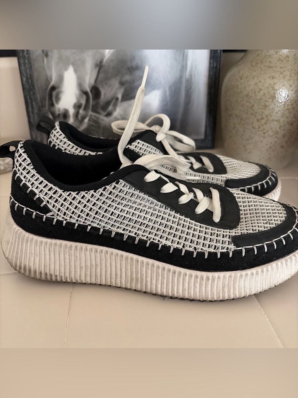 Nicole Miller Black & White Woven Lace-Up Sneakers